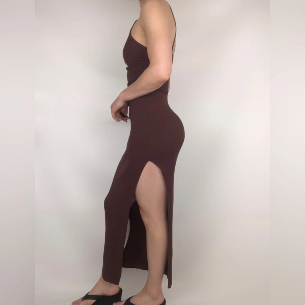 MESHKI‎ Halter Ribbed Side Slit Maxi Bodycon Brown Dress Size S - Picture 3 of 7